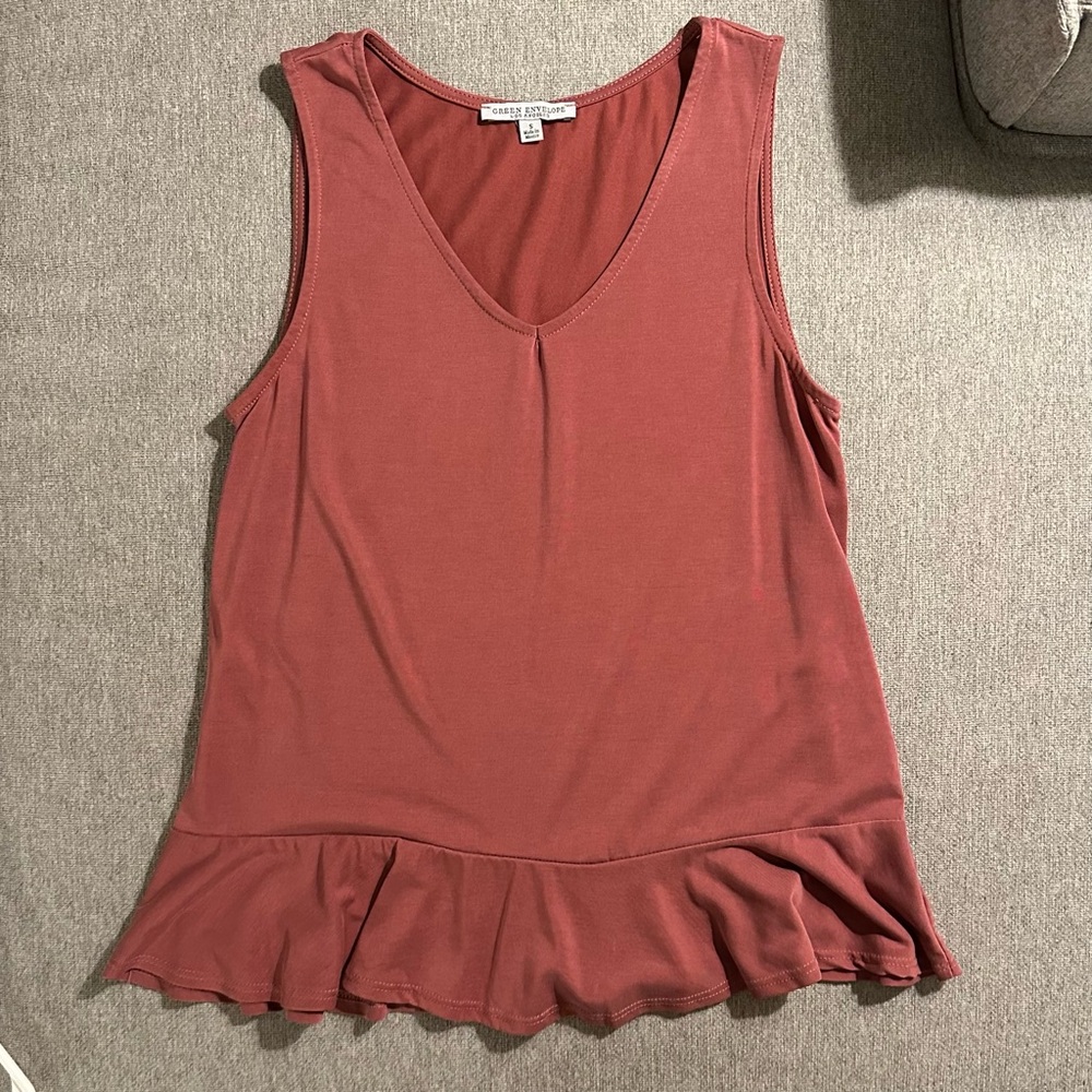 Women's Sleeveless Top with Ruffle Hem - Rust